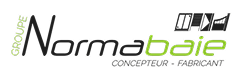 Logo Normabaie : Concepteur et Fabricant de Menuiserie Logo de GROUPE Normabaie, concepteur - fabricant, avec texte stylisé en gris foncé et vert lime sur fond noir.