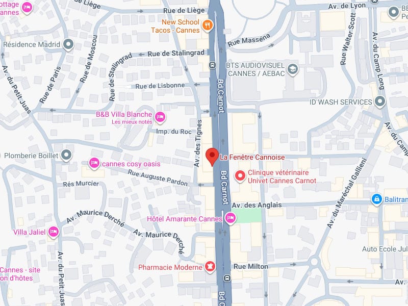 Carte Cannes : La Fenêtre Cannnoise Bd Carnot Carte de Cannes localisant La Fenêtre Cannnoise sur le Bd Carnot, proche de Rue Masséna et de la Clinique vétérinaire Univet.