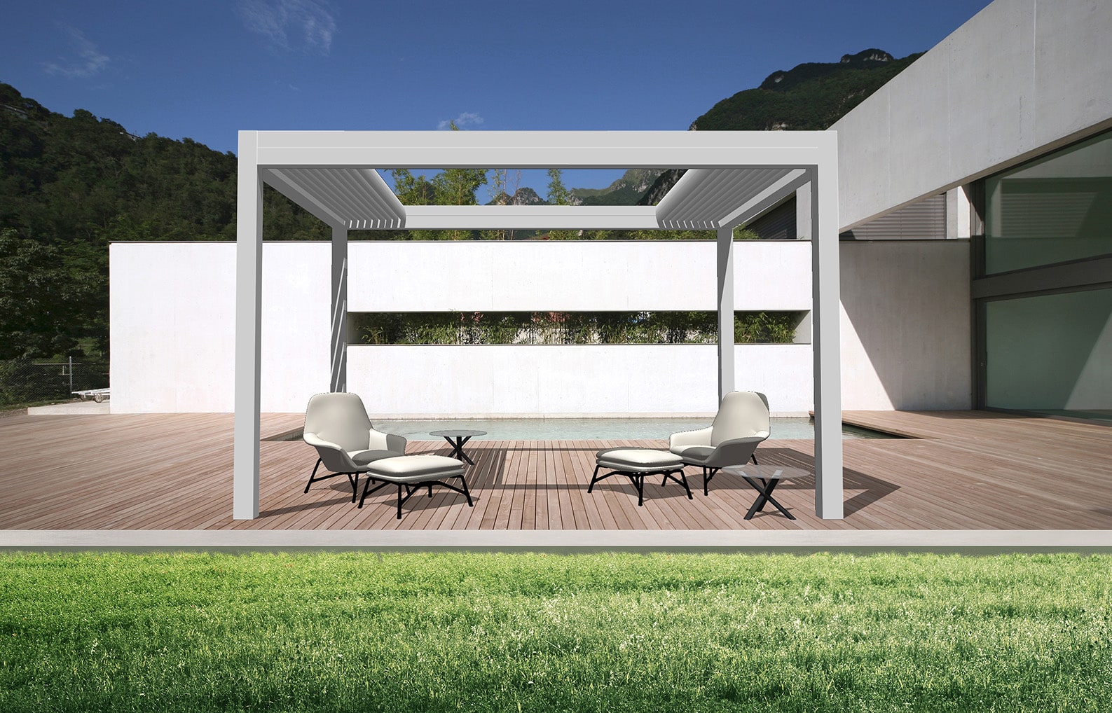 Pergola bioclimatique design pour terrasse en bois. Pergola moderne blanche et mobilier extérieur design sur une terrasse en bois. Lames orientables et vue sur un paysage montagneux.