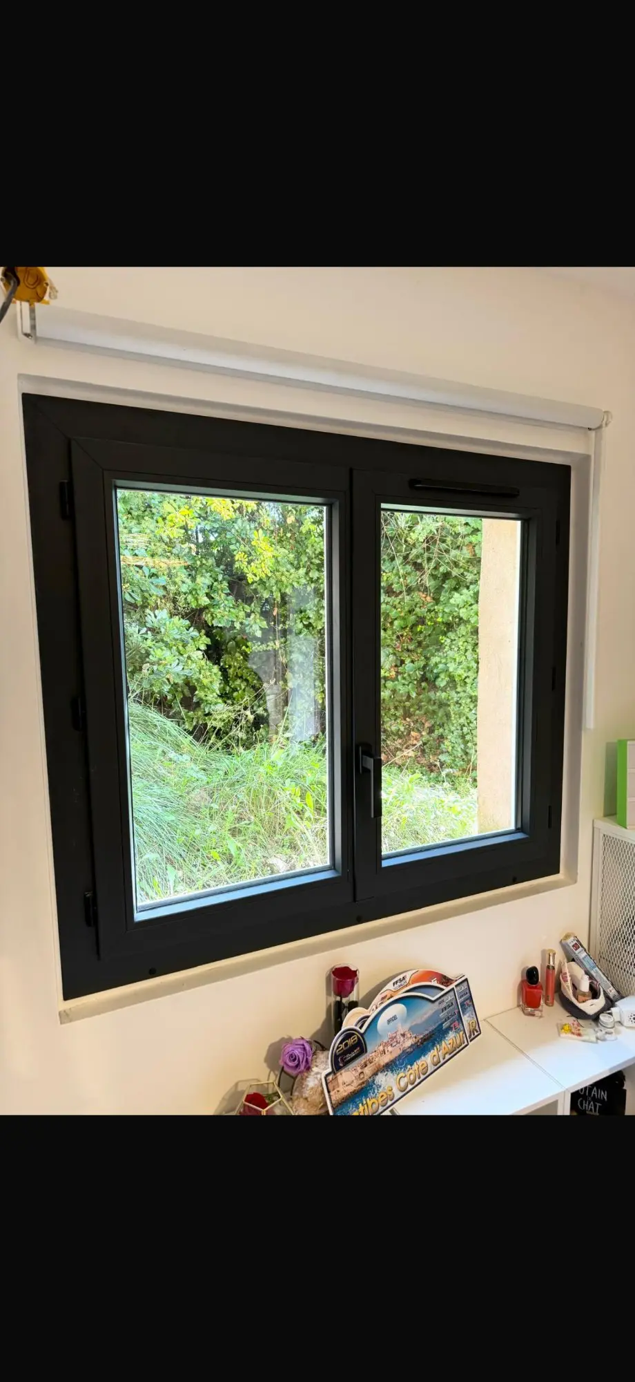 Fenêtre noire double vitrage avec store blanc, donnant sur un jardin très vert. Le rebord est décoré (rose, parfum, plaque Antibes Côte d'Azur 2018).