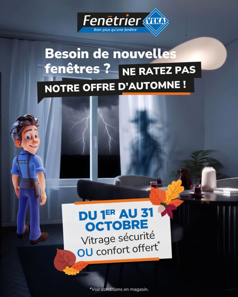 Offre automne Fenetrier VEKA : vitrage sécurité ou confort offert en octobre. Fenêtre sous un orage menaçant.